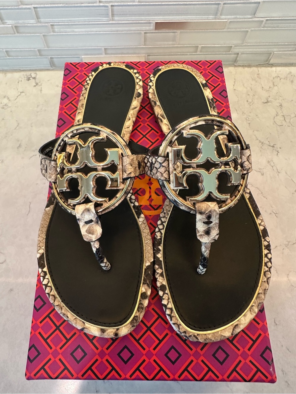 Like New Women’s Size 8 Tory Burch Metal Miller Snake-Print Sandals